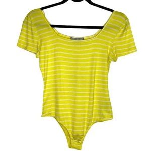 Good Luck Gem Square Neck Yellow & White Striped Short Sleeve Bodysuit Size XL